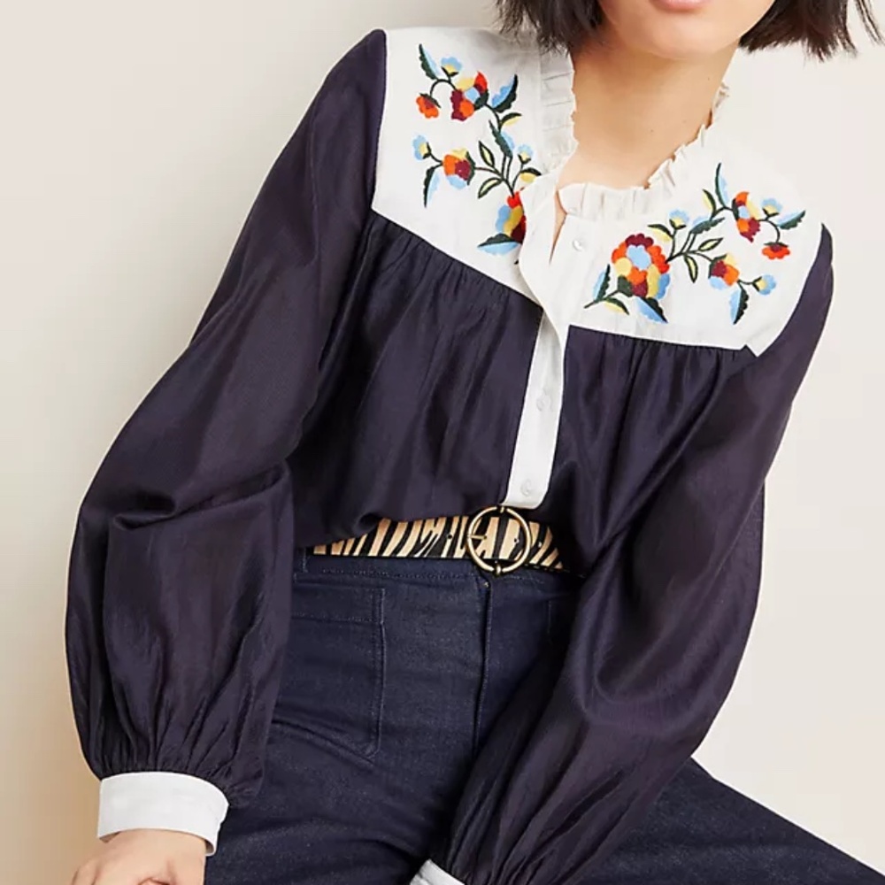 Colorful Floral Embroidered Peasant Blouse Anthropologie